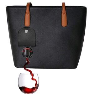 PortoVino Wine Tote‎ Bag Women Large Black Tan Vegan Leather Hidden Dispenser